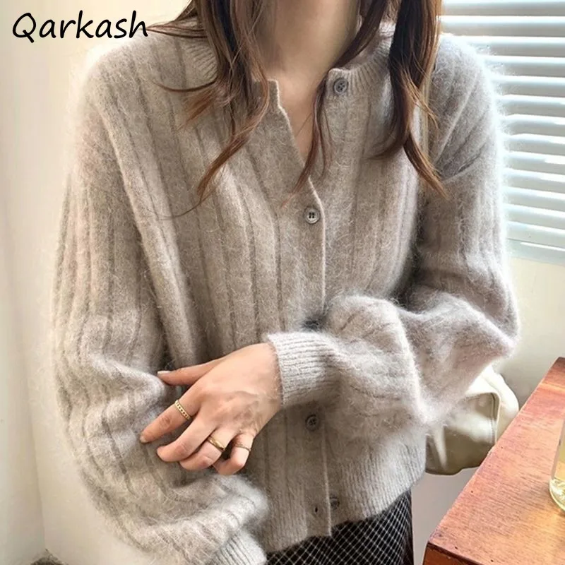 

Knitted Cardigan Women Fluffy Solid All-match O-neck Loose Lantern Sleeve Chic Popular Gentle Simple Autumn Winter Tops Female