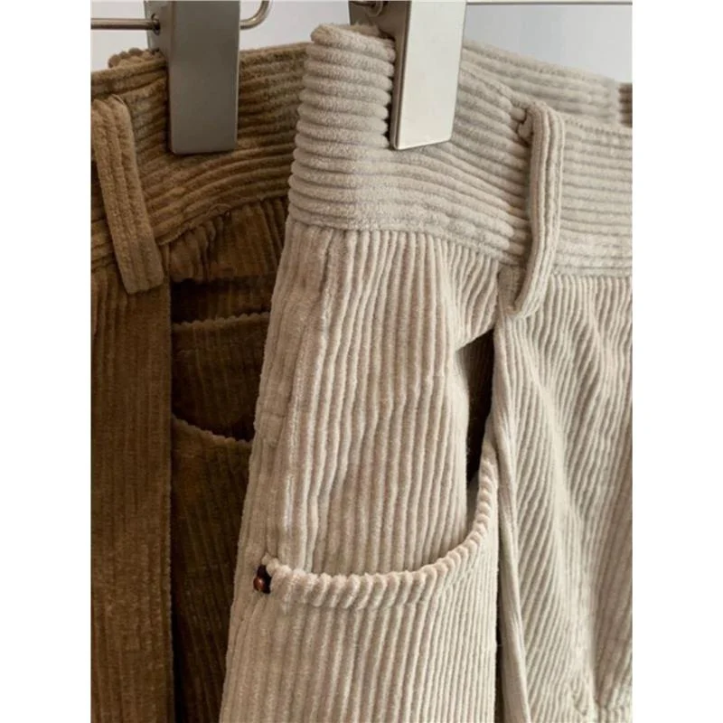 레트로 코듀로이 와이드 레그 팬츠 여성 가을 ​​겨울 레저 슬림 바지 편안한 긴 바지 폴리 에스터 섬유