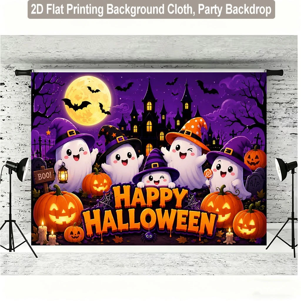 1PC Halloween Ghost Pumpkin Lantern Wooden Wall Print Backdrop Banner, Bedroom Living Room Kitchen Photo Background, Wall Art