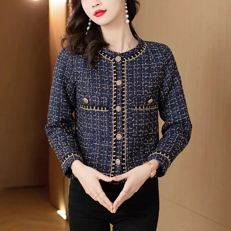 High Quality French Vintage Small Fragrance Tweed Jacket Coat Women\'s Spring Autumn Casual Fried Street Short Coat Plaid Outwear