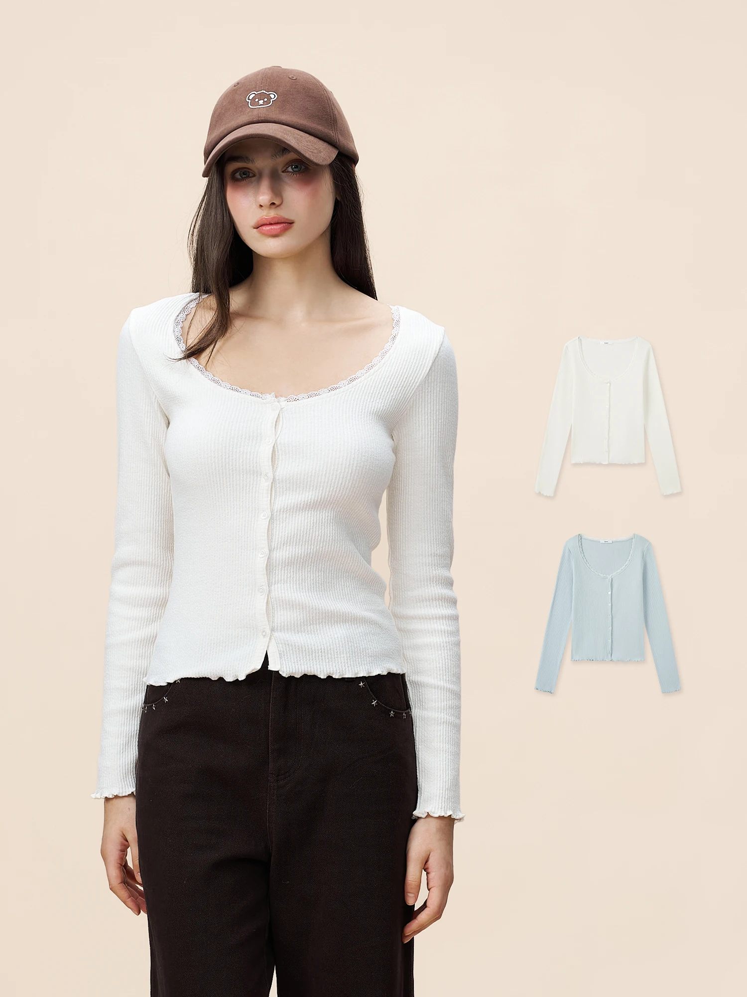 

White Lace Trim Large U Ne Knitted Slim Fit Base irt YESCCI Casual Sle Cotton Blend Long Sve Open Cardigan