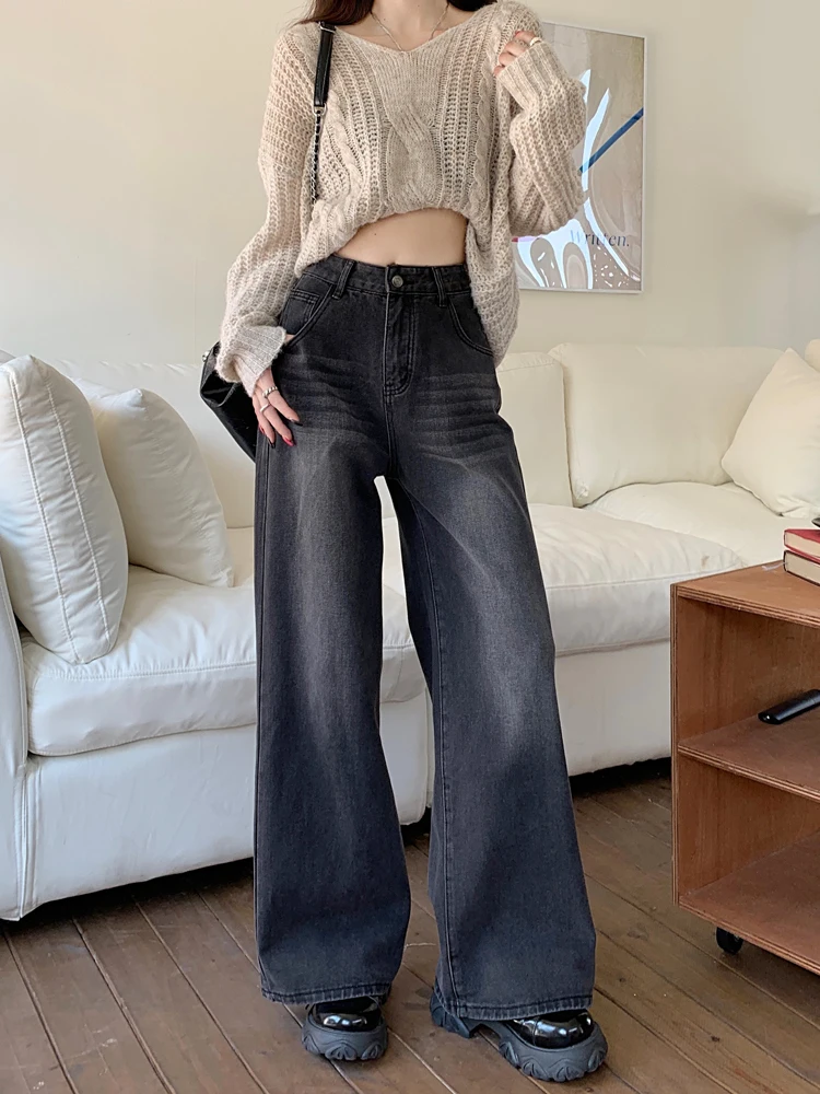 

Джинсы женские с высокой талией, широкими штанинами, черные/серые, винтажные, с эффектом потертости, укороченные, модные, повседневные, прямого кроя