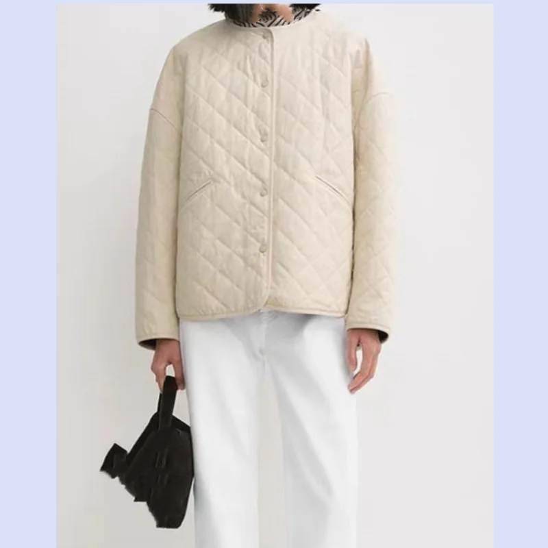 

European and American style TT diamond grid women's loose cardigan round neck niche autumn and winter new cotton jacket