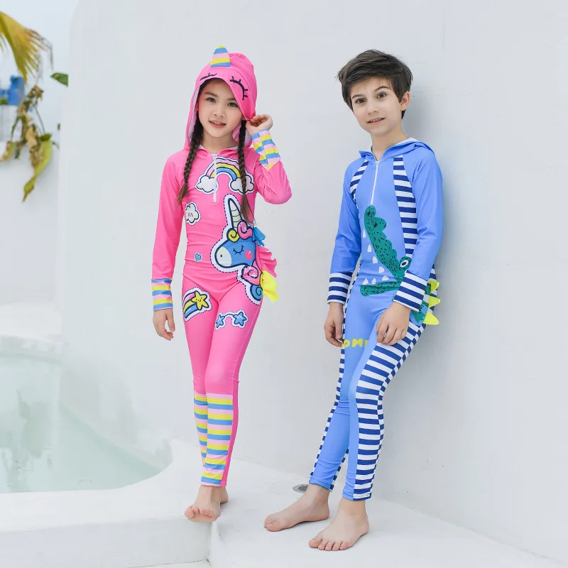 UPF 50+ Rash Guard completo para niños con capucha de manga larga con estampado de dibujos animados traje de baño de una pieza para niños traje de Surf en la playa niños niñas