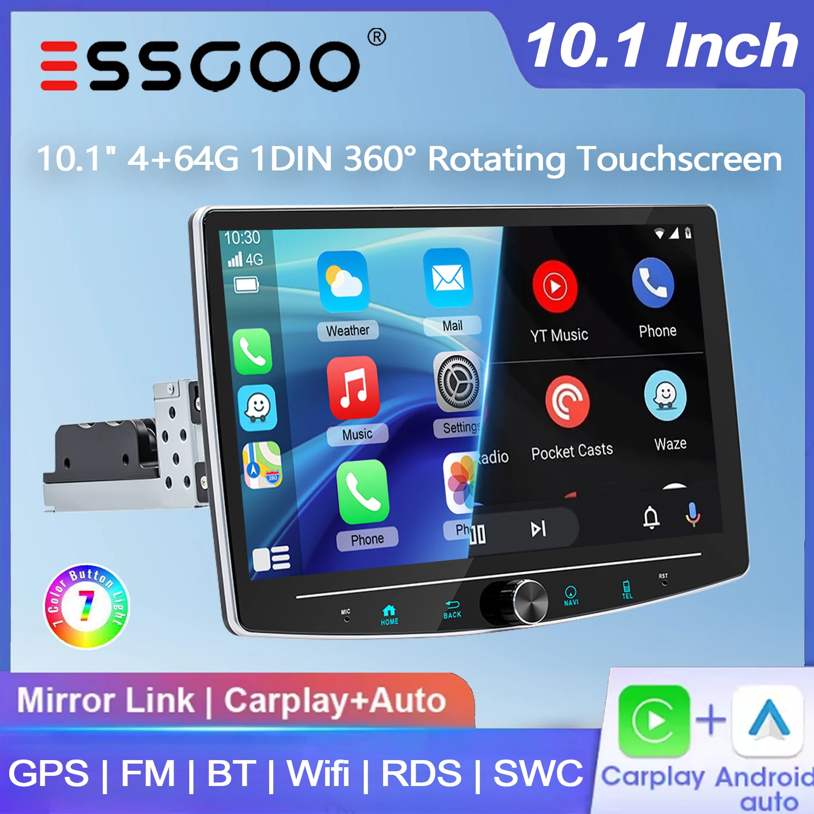 ESSGOO 10,1" Android 15 4+64G 360 °   Drehbarer IPS-Touchscreen Autoradio mit Wireless Carplay, Android Auto, GPS-Navigation, FM, Bluetooth, WiFi, RDS, SWC, Mirror Link, Multimedia-Player mit Mikrofon