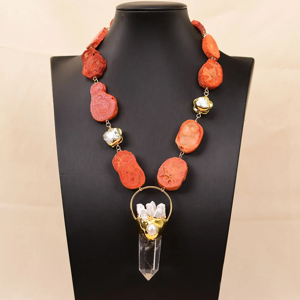 

G-G 20'' Natural Orange Red Coral Slice Keshi Pearl Necklace Clear Quartz Biwa Pearl Pendant