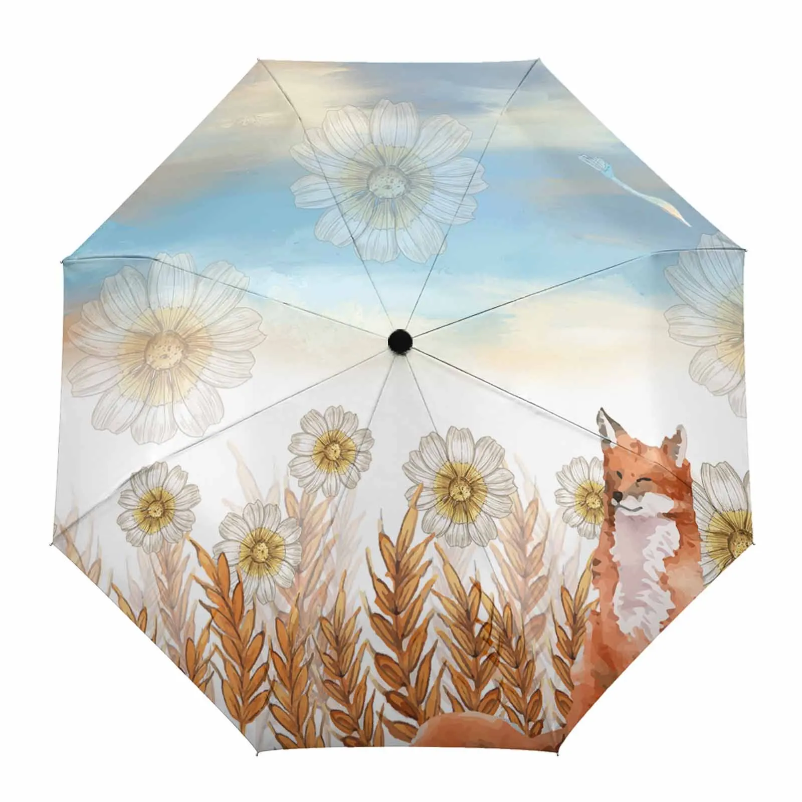 Autumn Plant Wheat Ears Daisy Fox Watercolor Outdoor Fully-automatic Folding Eight Strands Umbrellas for Kids Printed Umbrella