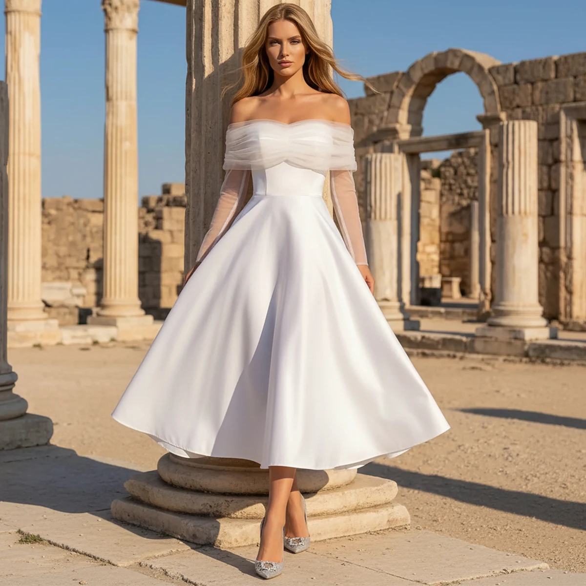 

Elegant Teal Length Satin Wedding Dresses For Women Detachable Sleeve Ball Gown For Bride Pleated Bridal Gown Vestidos Novia