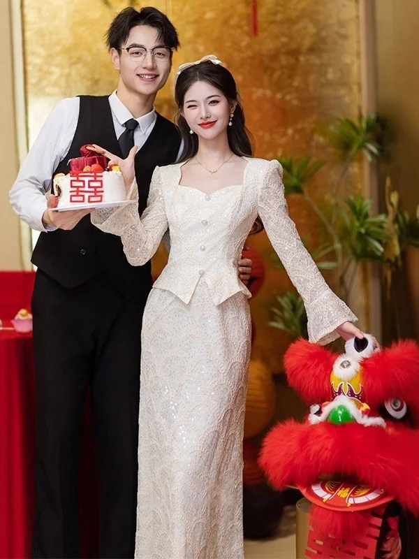 

Заручальный костюм Fi Tail Wedding Dr, китайский костюм со средней талией, длинный све, средней длины, модный свадебный костюм