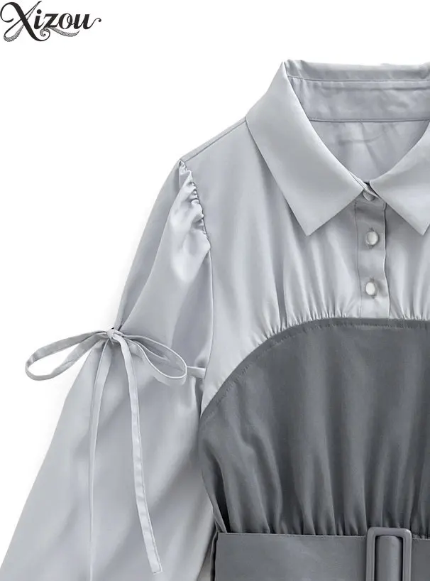 Słodka sukienka z kołnierzykiem, patchworkowa, damska, z kokardą, bufiastymi rękawami, z paskiem, z wysokim stanem, do pracy, w kształcie litery A, 2025, japońska, sznurowana, francuska.