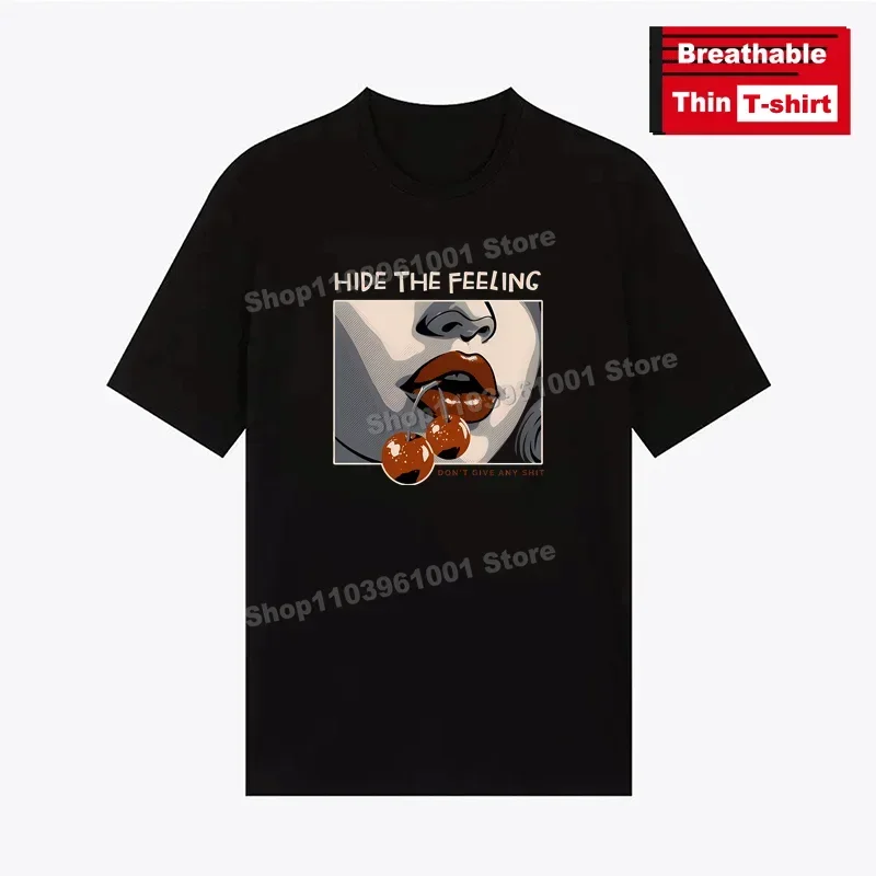 

Breathable Thin T-Shirt HIDE THE FEELING -Cherry Mouth Print Shirts y2k Hip Hop Men/Women Casual Street Short Sleeve Tees