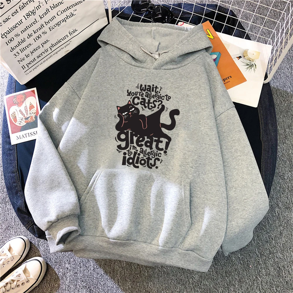 Kawaii Black Cat Prints Man Hoodie Breathable Comfortable Pocket Sweatshirts Winter Fleece Warm Pullovers Men Female Clothing