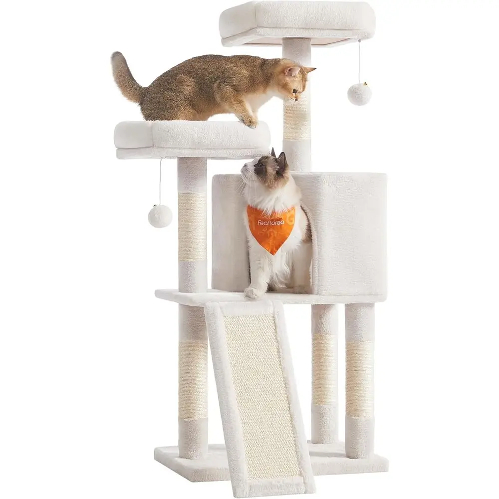 

45,3-дюймовая лежанка-когтеточка для кошек с плюшевым домиком, столбиком-когтеточкой, платформой и просторной пещерой - идеально подходит для небольших помещений, кремово-белая