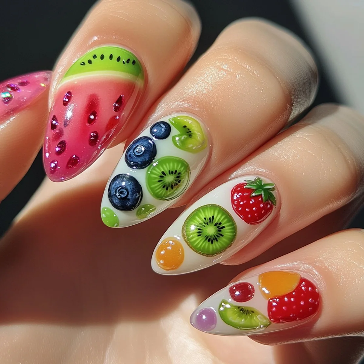 

24pcs Press on Nails Summer Day Fruit Design Full Cover Nail Tips Long Almond False Nail Art Wearable Colorful Fake Nails Sets