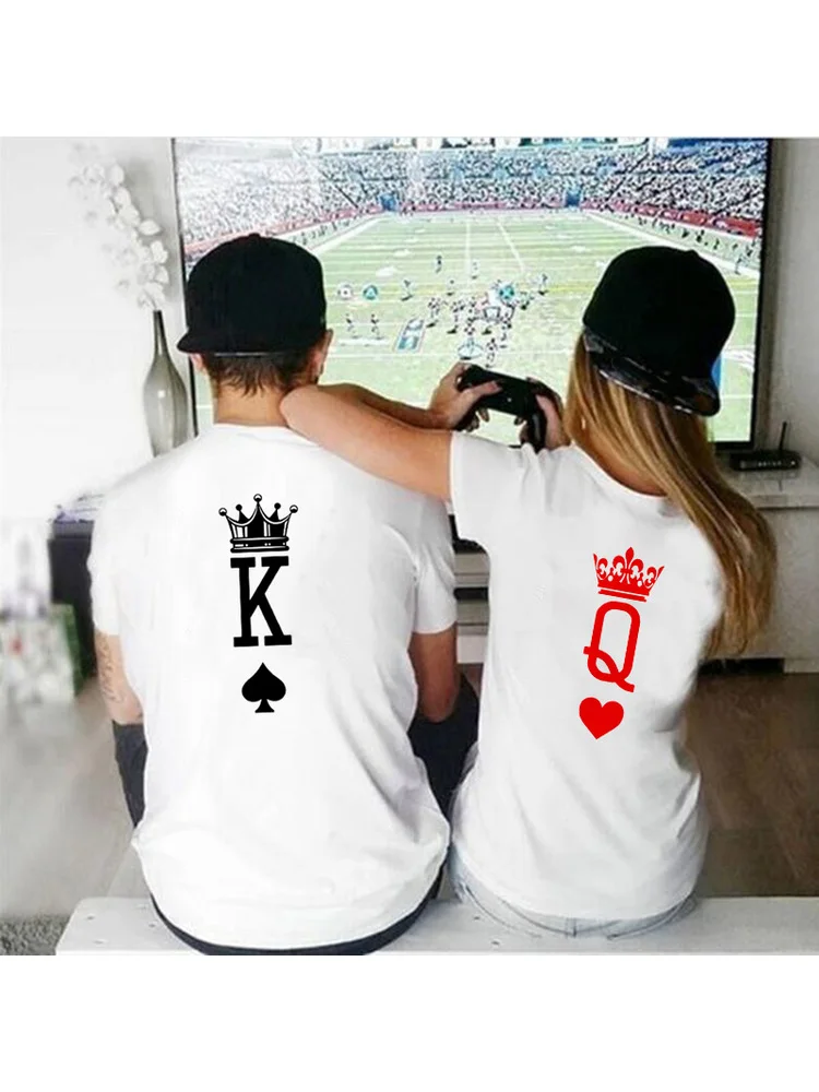 King Queen Crown Print Couple Matching Short Sleeve T-shirt Valentine's Day Gift for Girlfriend Boyfriend Casual Lover T Shirt