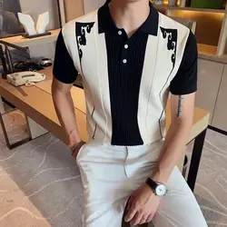 2024 Summer Korean Fashion Trend Slim Fit Men's Color Blocking Pleated Ethnic Style Jacquard Short Sleeved Knitted Polo Shirt