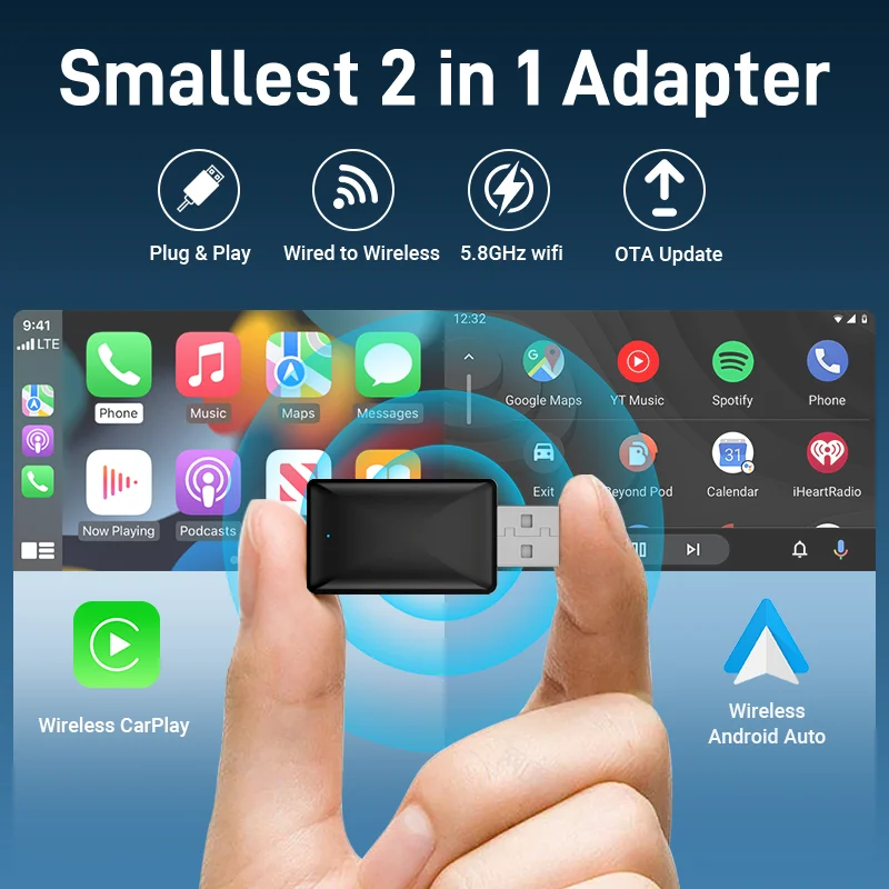 Mini Wired to Wireless Carplay&Android Auto 2in1 adapter Compatible with 99% of Cars Plug and Play Keep original car function