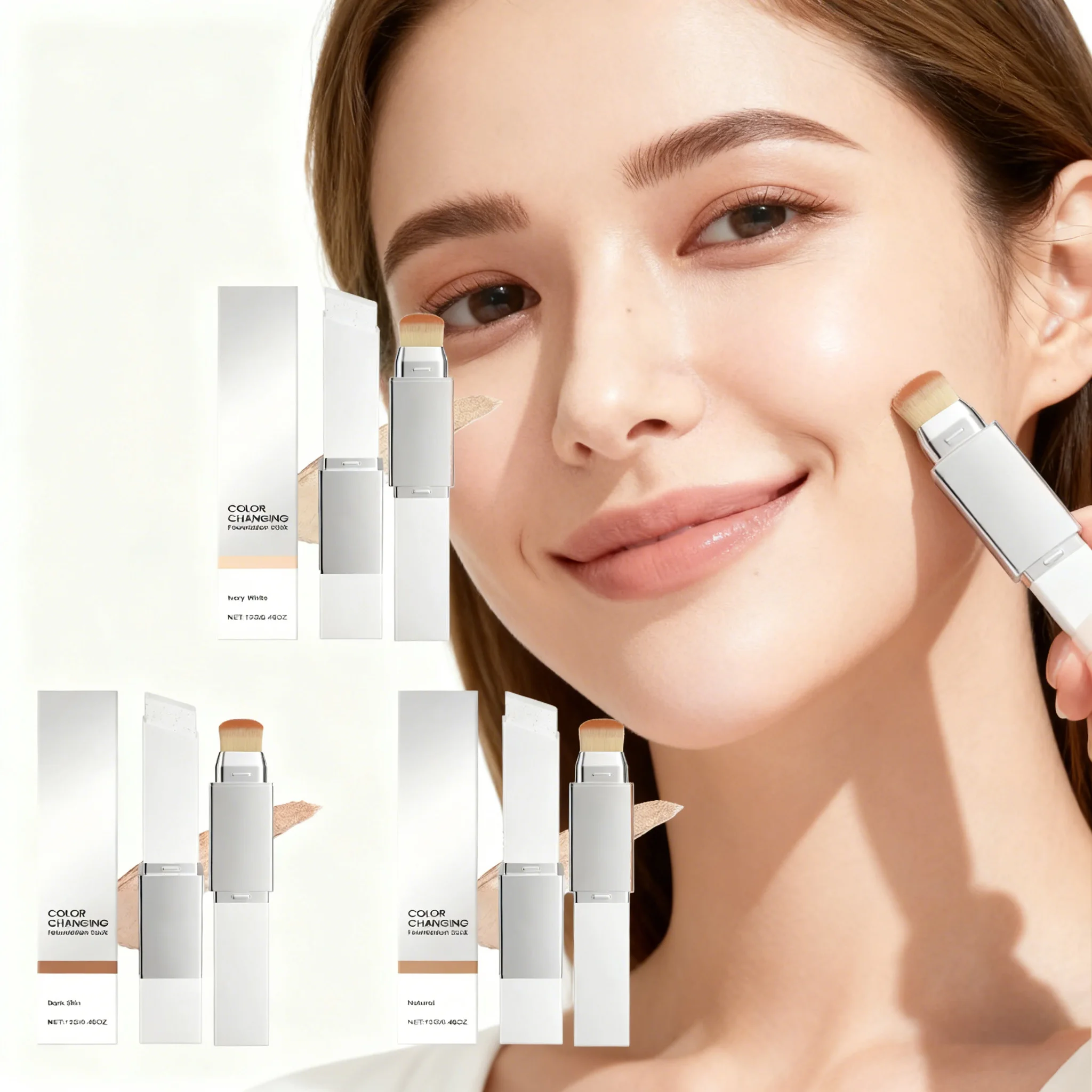 Base de Maquillaje en Barra que Cambia de Color, Ilumina, Corrector en Barra de Doble Cabeza con Brocha, Ligero, Hidratante, Iluminador, Cosméticos