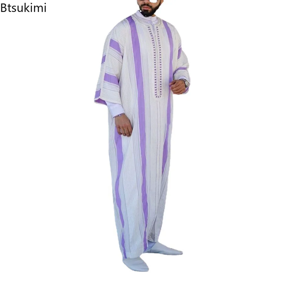 Mens Muslim Abaya Purple Long Sleeve Thobe Middle East Saudi Arab Kaftan Islamic Abaya Dress Dubai Robes With Striped Pattern