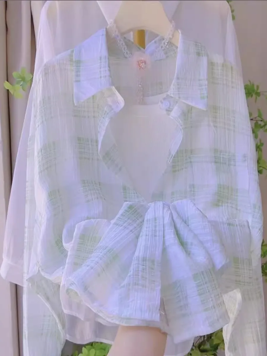 

Faionable Plaid Women's Summer Lightweight Breathable Sun Protection irt Korean Sle Loose Fit Long Sve Neline
