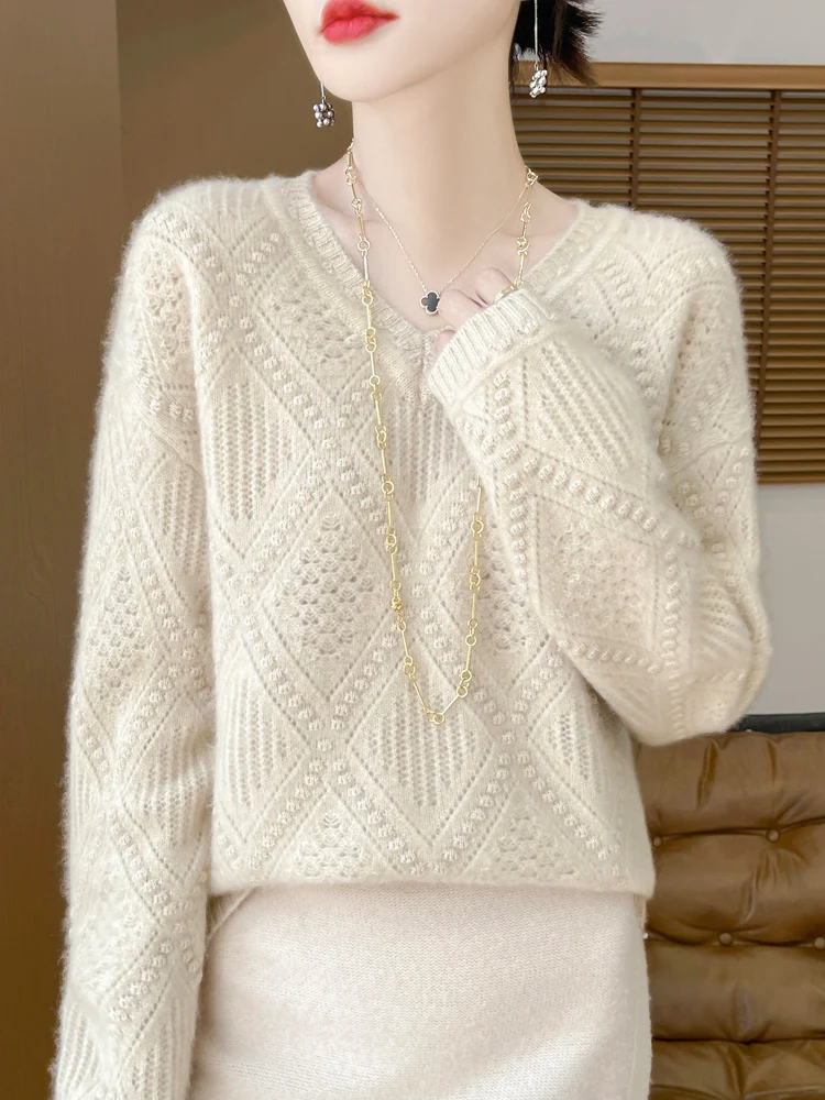 Fashion 100% Merino Wool Sweater Elegant Cashmere Pullover Women V-Neck Long Sleeve Knitwear Basic Thick Loose Jumper Tops
