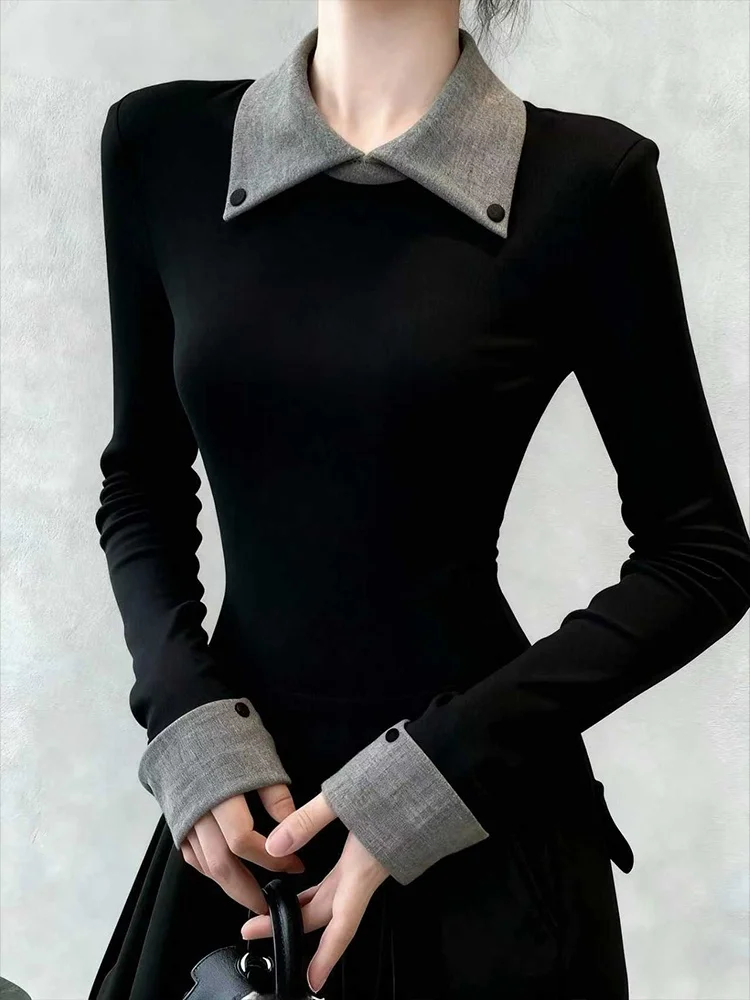 

Французский трикотажный базовый топ для женщин: облегающий, с длинным рукавом, мягкий, дышащий, для повседневной носки, с цветовыми блоками