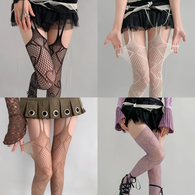 Women Sexy Love Heart Fishnet Stockings Sweet Girl Gothic Hollow Out Brown Black Pantyhose Y2K JK Cosplay Party Mesh Leggings