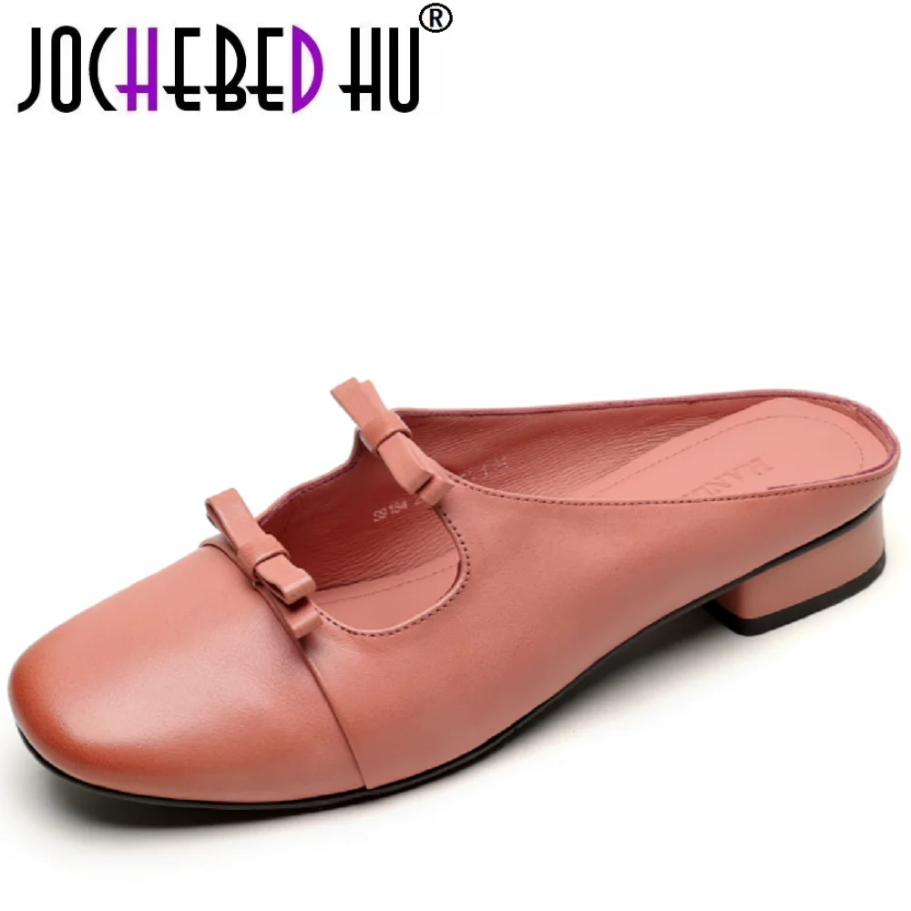 

【JOCHEBED HU】Summer new women cow leather double bowtie decoration slip-on Mary Jane flats mules sweet ladies slides shoe 34-40