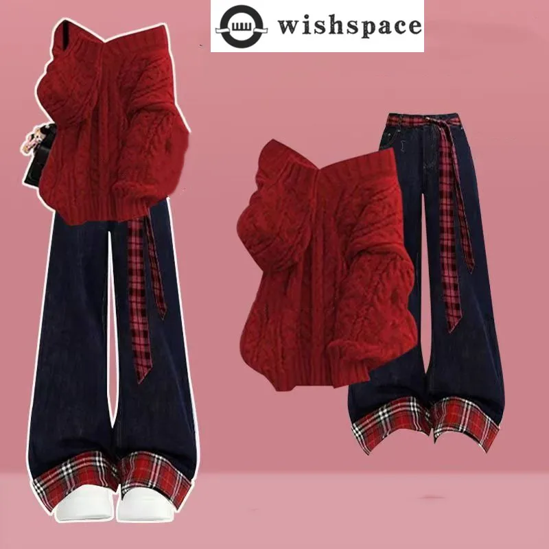 

Fashion Women's Set Autumn/Winter Korean Set Women's Red Knitted Sweater+Retro Jeans Two Piece Set