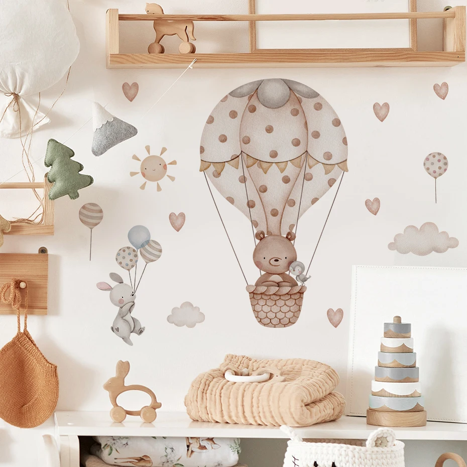 Hot air balloon animal wall decals (bear and rabbits), nursery and kids room decor 3
