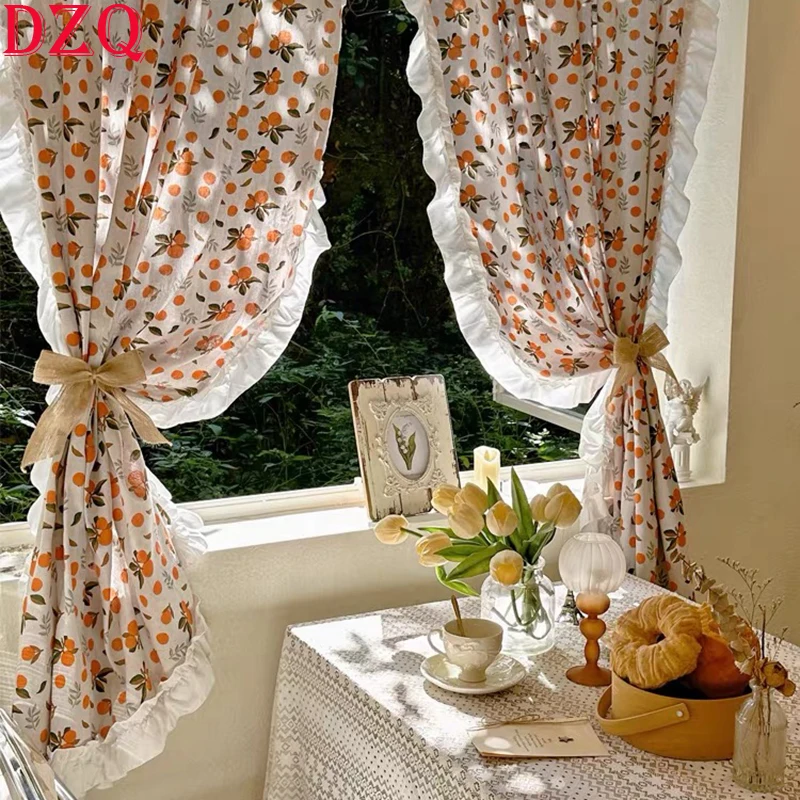 

American Rural Cotton Hemp Orange Pattern Curtains Cloth for Living Room Warp Ruffled Fruit Curtains for Bedroom Kitchen #A664
