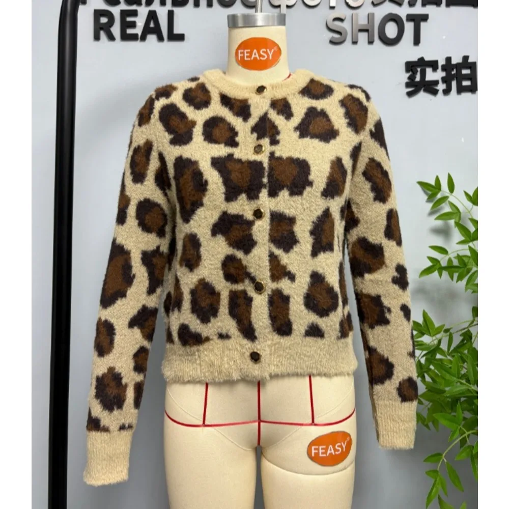 Damski sweter żakardowy z nowym wzorem zwierzęcym, kardigan z dzianiny ze sztucznego futra, kurtka z długim rękawem, ciepły sweter z dzianiny w panterkę.