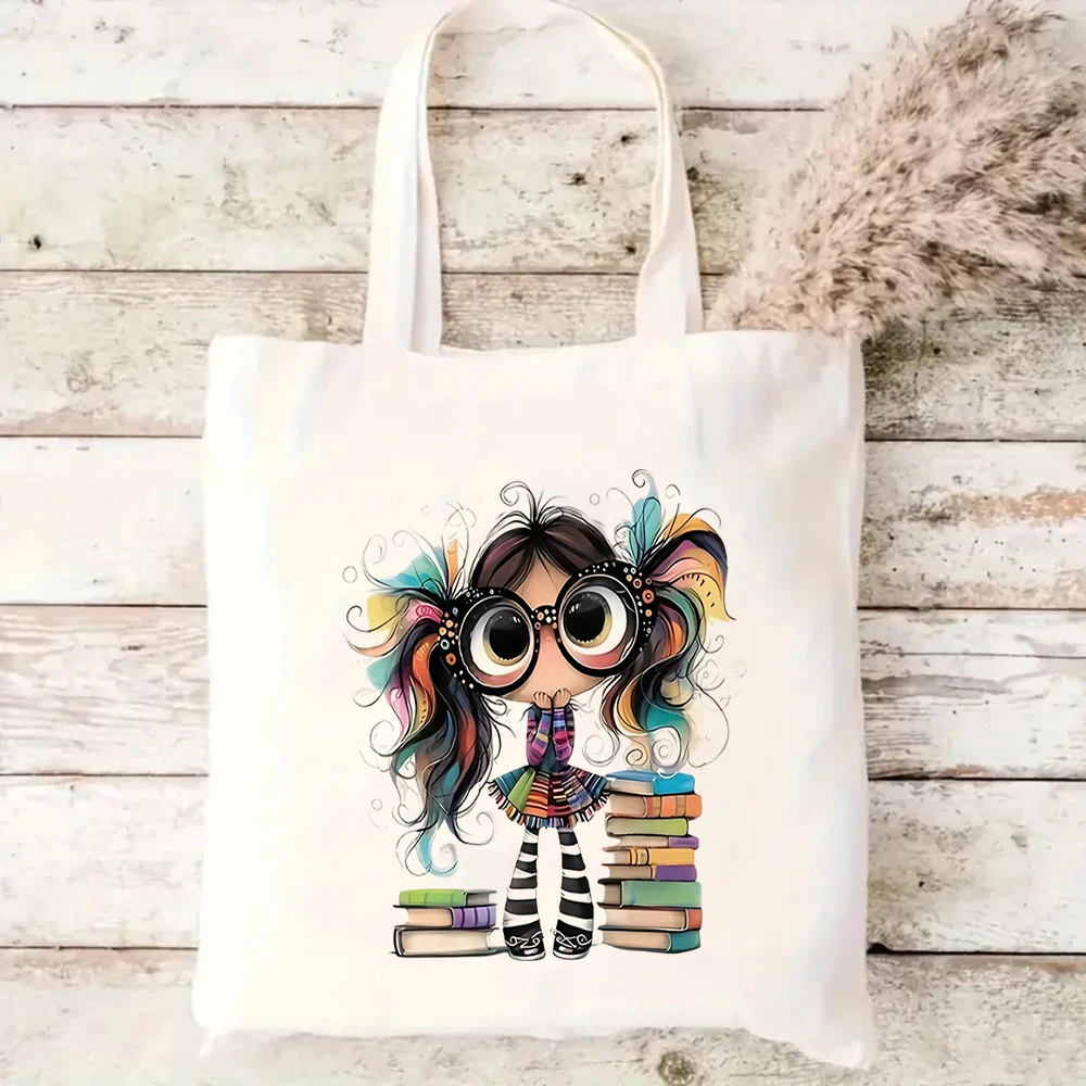 

Book Lover Girl Cartoon Canvas Tote Bag Whimsical Print Handbag For Bookworm Daily Casual Use All Occasions
