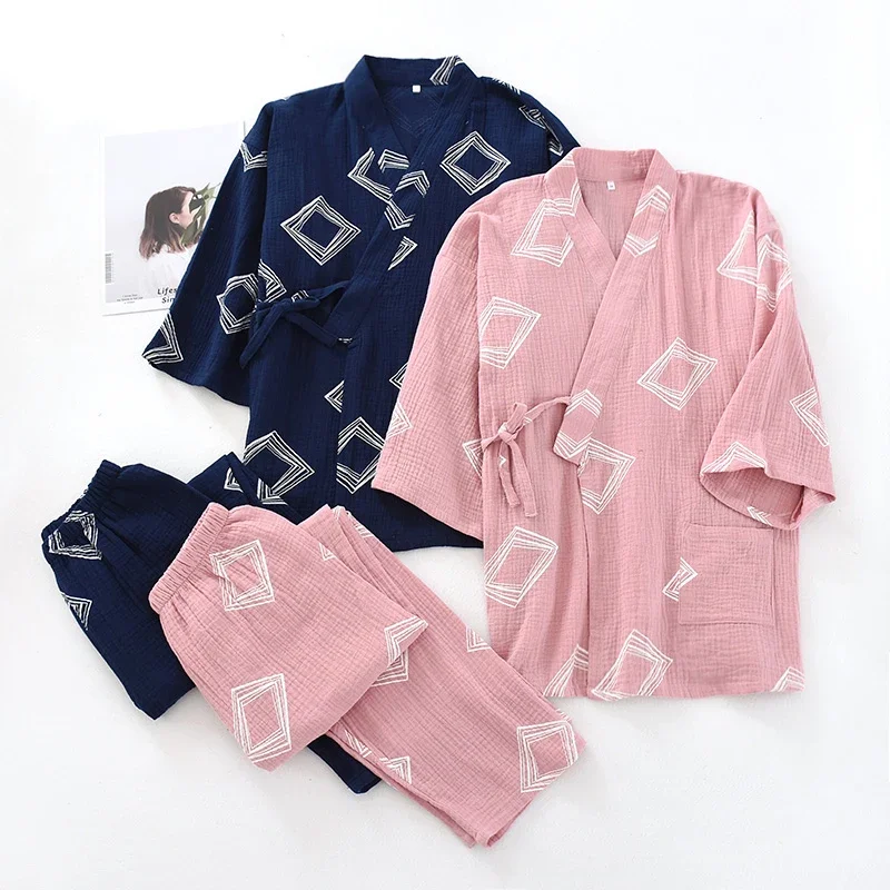 

New Japanese-style Kimono Two-piece Couple Pajamas Cotton Gauze Sleepwear Woman Summer Homewear Loose Thin Robes Nightgown