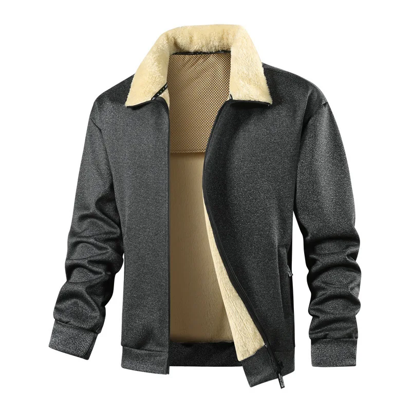 Autumn Winter Men Jacket New Contrast Color Turn Down Collar Male Plush Coat Fleece Long Sleeve Zipper Sport Daily Man Coat