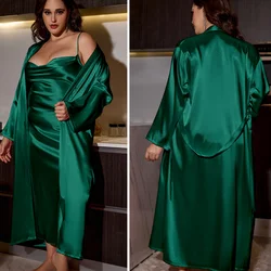 Plus Size 3XL 4XL 5XL Nighty&Robe Set Sexy Bride Long Wedding Bathrobe Dress Spring Summer New Sleepwear Loose Satin Home Wear