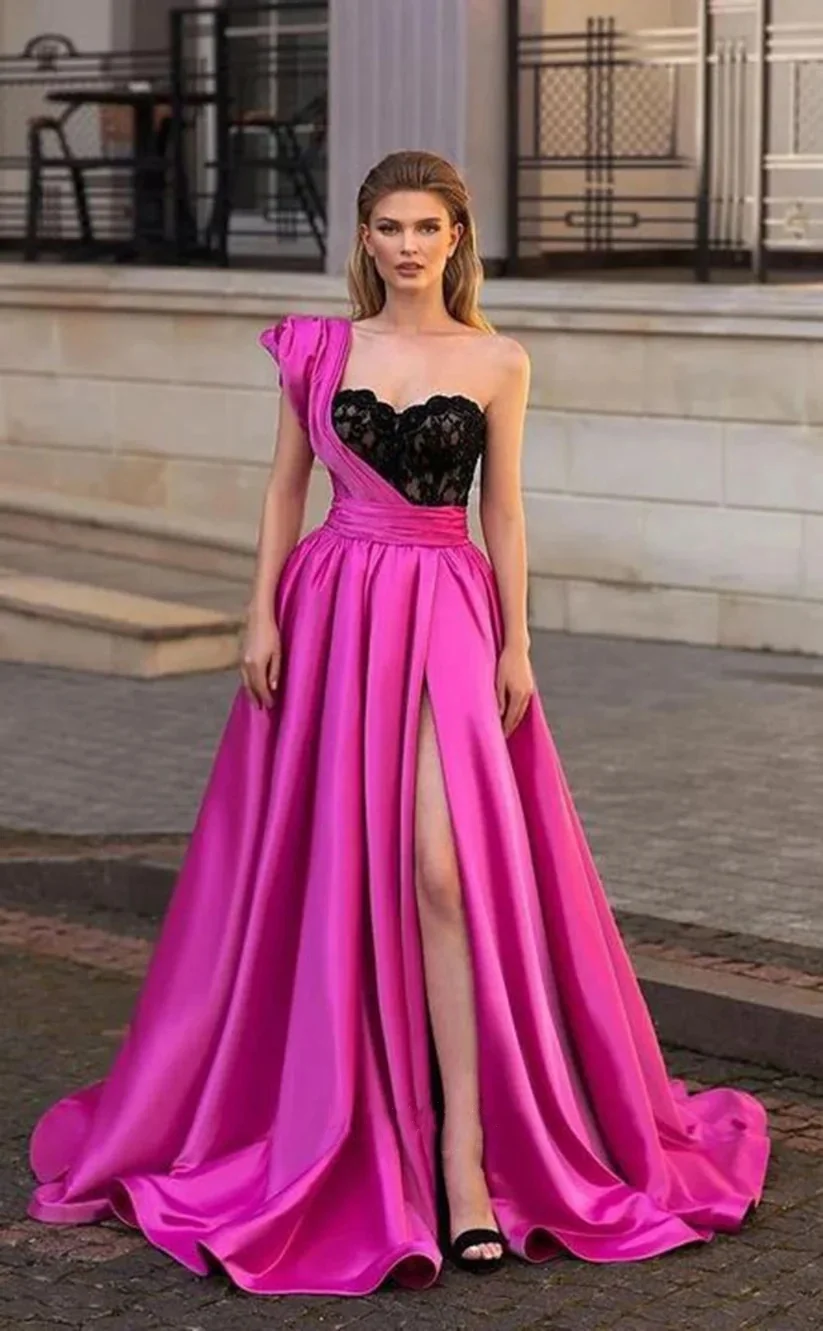 Fuchsia Evening Dresses Black Lace One Shoulder Long Satin Prom Gowns with Slit Women Formal Party Dress Night Wear Custom Made