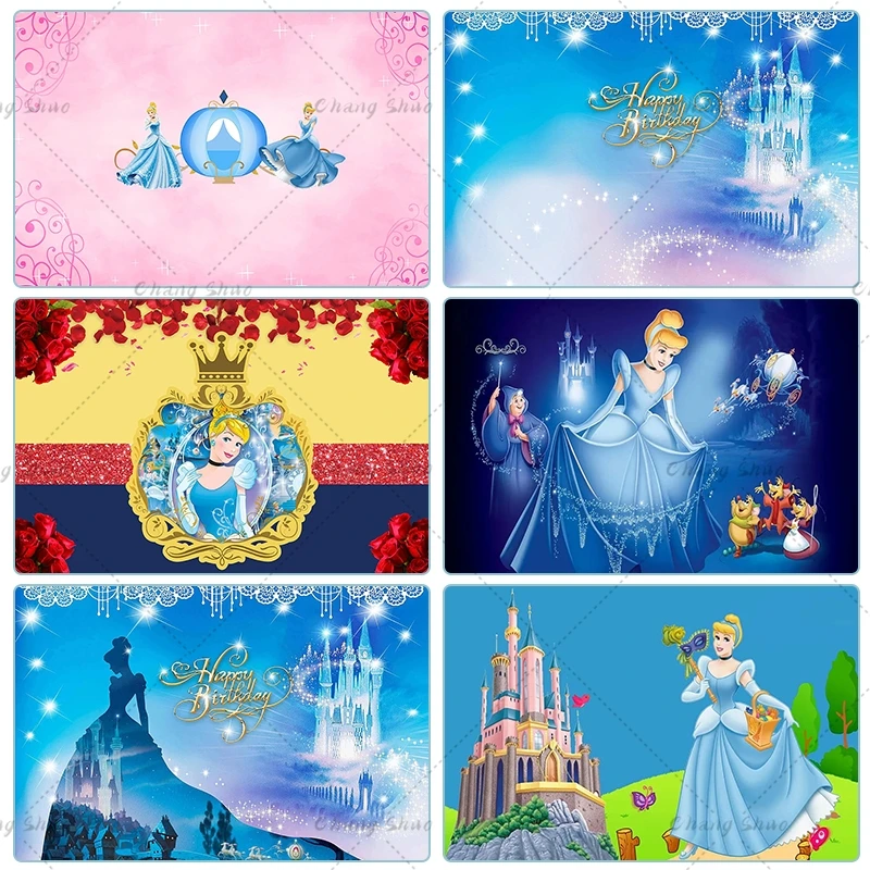 Disney Blue Dress Blonde Princess Backdrop Girls Birthday Party Decor Photo Background Cinderella Banner Baby Shower Photocall