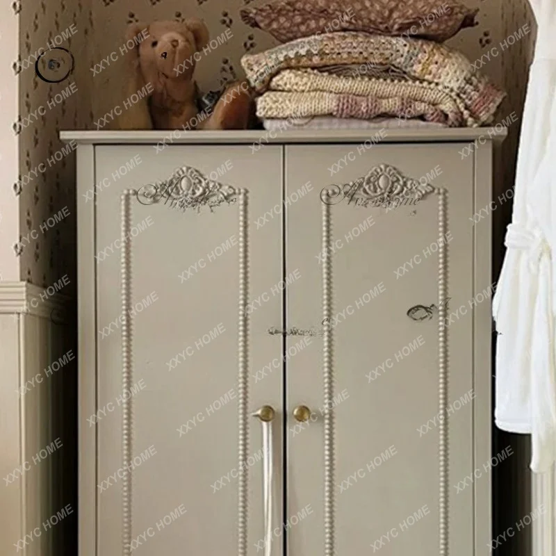 Vintage Children Wardrobe Sky Blue Carved Storage Cabinet Modern Large Capacity