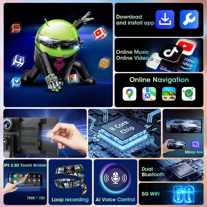 Srnubi 11.26 "Android14 جهاز تسجيل فيديو رقمي للسيارات 4G + 64G Dash Cam Carplay أندرويد السيارات عدسة مزدوجة مسجل فيديو ليوتيوب Netflix دعم 4G صافي