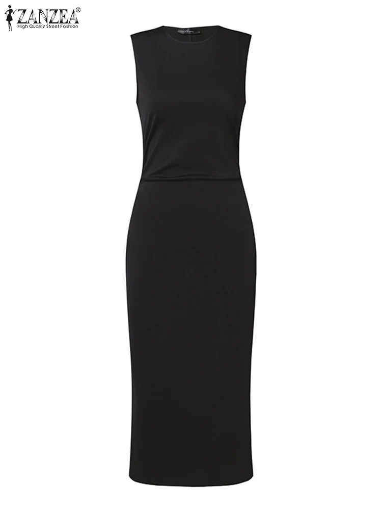 Zanzea Elegante Mouwloze Zomer Dames Zonnejurk Casual Slim Fit Effen Bodycon Jurk Mode Feest Mid-Calf Vestido Gewaden