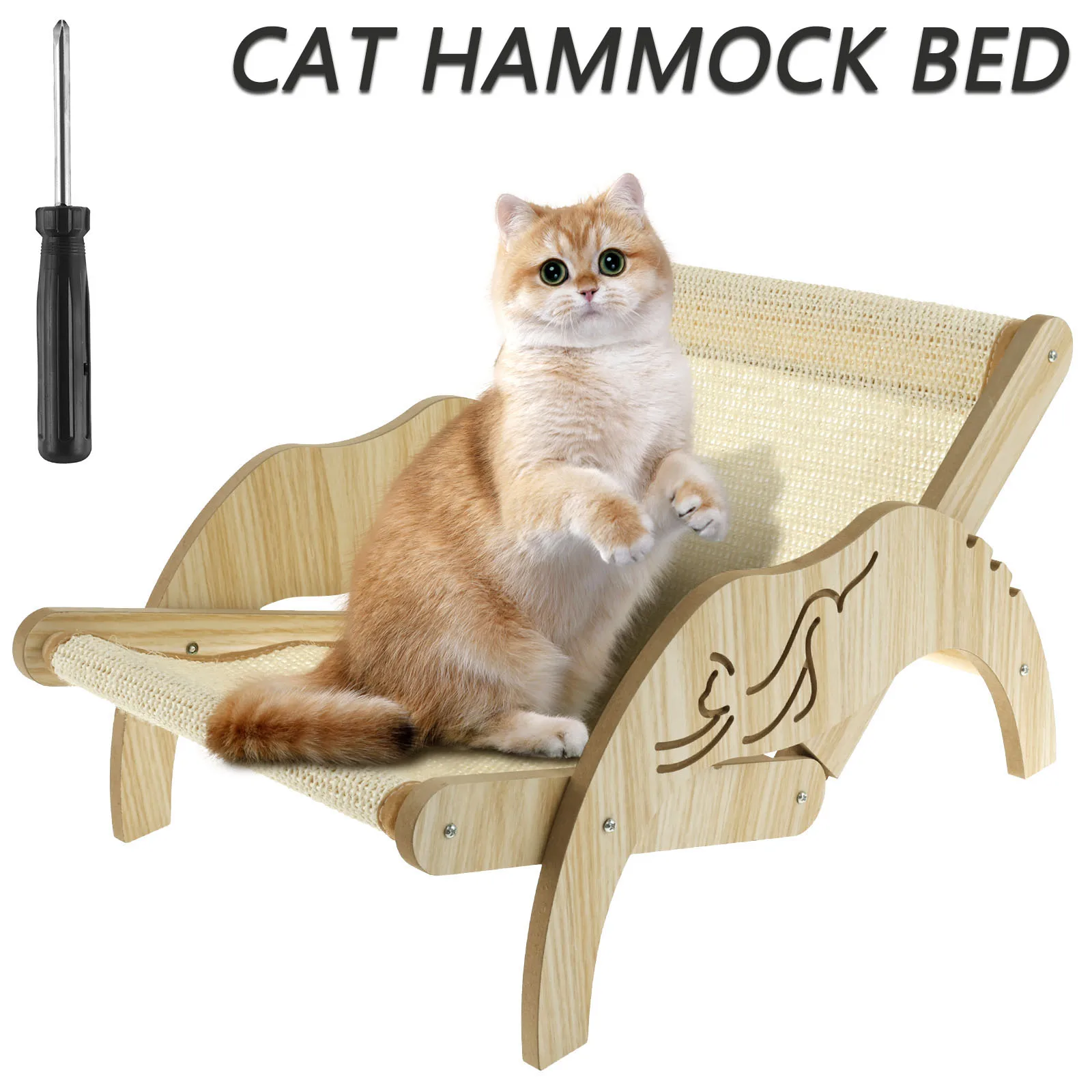 

Cat Rocking Chair Wooden Cat Beach Chair Elevated Cat Chair Bed with Sisal Scratcher Adjustable Height Cat Lounge 39x35x29cm