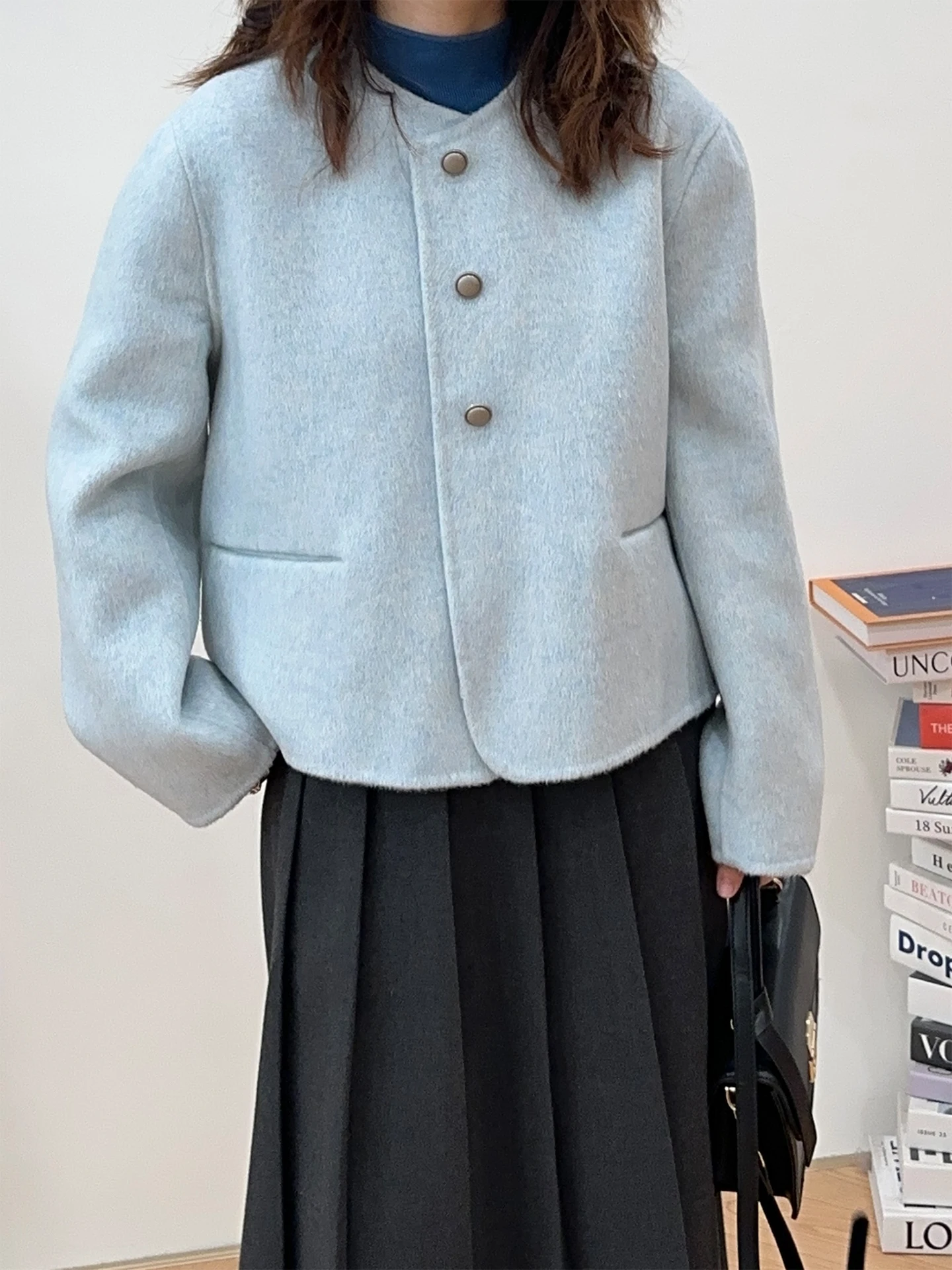 

Двустороннее шерстяное пальто Scorpion in Water Bottle: повседневное, универсальное, легкое, для поездок на работу, на одной пуговице, короткое, в корейском стиле