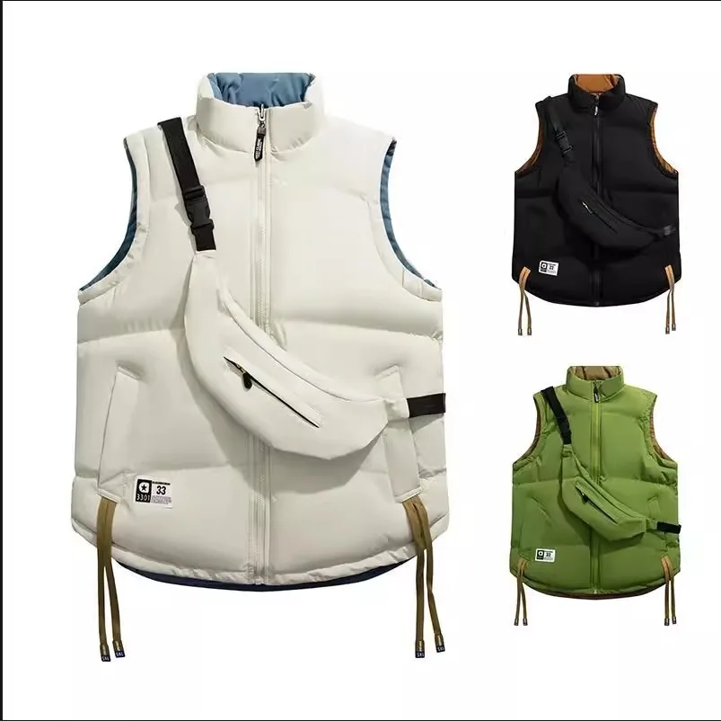 

Осенне-зимний хлопковый жилет большого размера с воротником-стойкой, свободный двусторонний теплый жилет, молодежный тренд, подарок без рукавов, маленькая сумка для