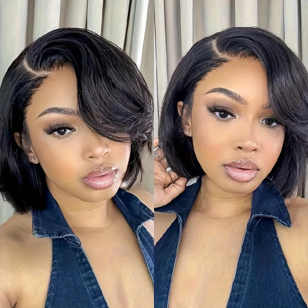 Wig Renda Transparan Potongan Pixie 13X4 untuk Wanita Rambut Remy Brasil Bob Pendek Keriting
