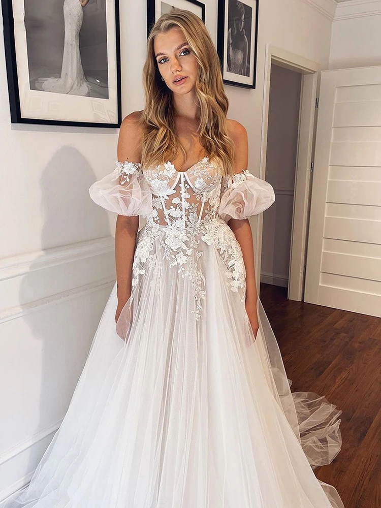 Abiti da sposa Boho 2023 maniche a sbuffo a-line Sweetheart abiti da sposa aperto sul retro abito da sposa della boemia