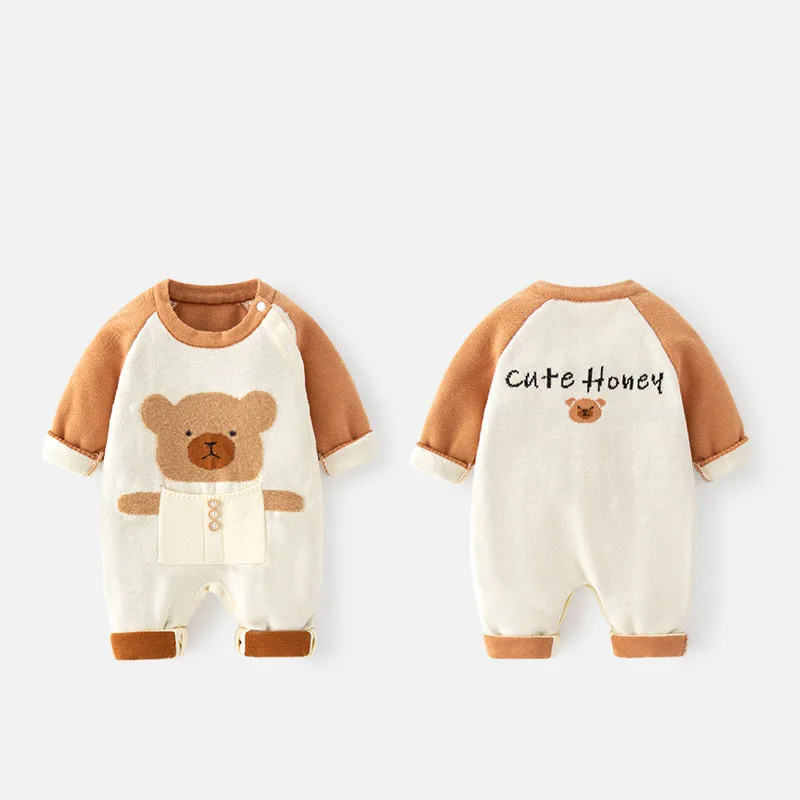 Spring Autumn Ins Newborn Boys Onesies Thickened Cartoon Bear Letter Infant Boys Bodysuit Long Sleeve Baby Boys Jumpsuit