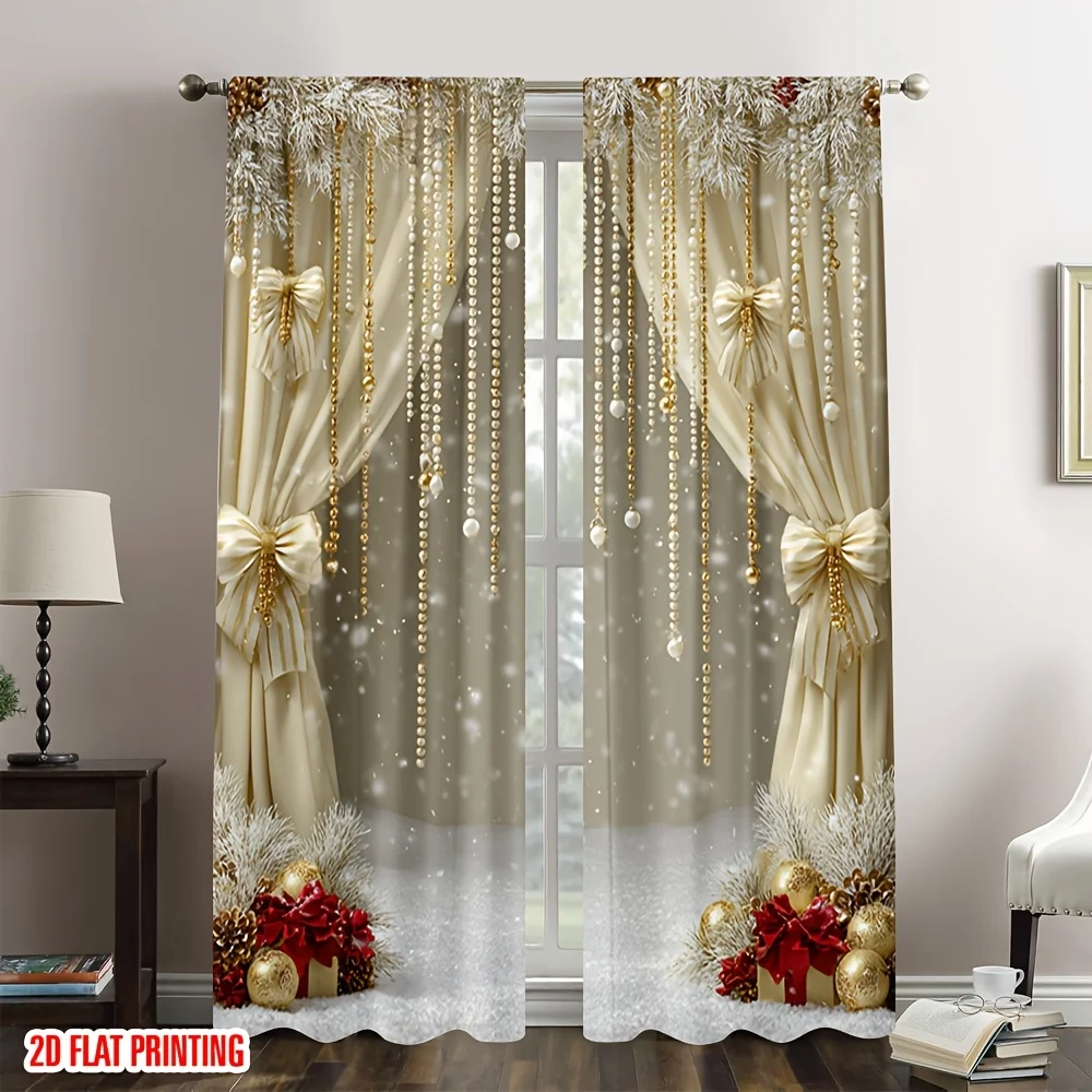 2pcs 2D Flat Christmas Sheer Polyester Curtains with Rod Pocket – for Bedroom & Living Room