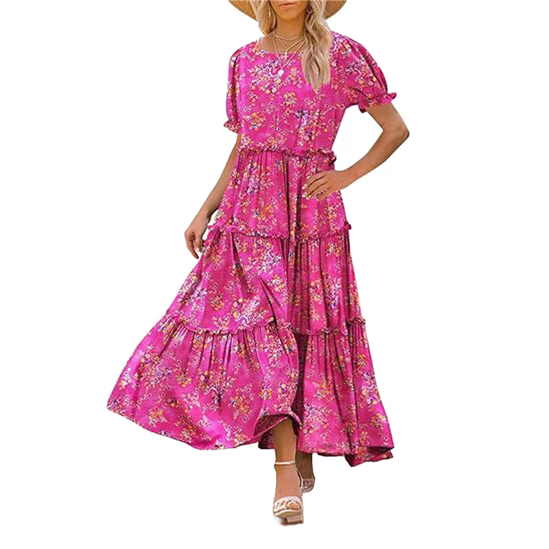 【SEE】Sommer lässige böhmische Blumenkleider für Damen, Puffärmel, langes Maxikleid mit Taschen