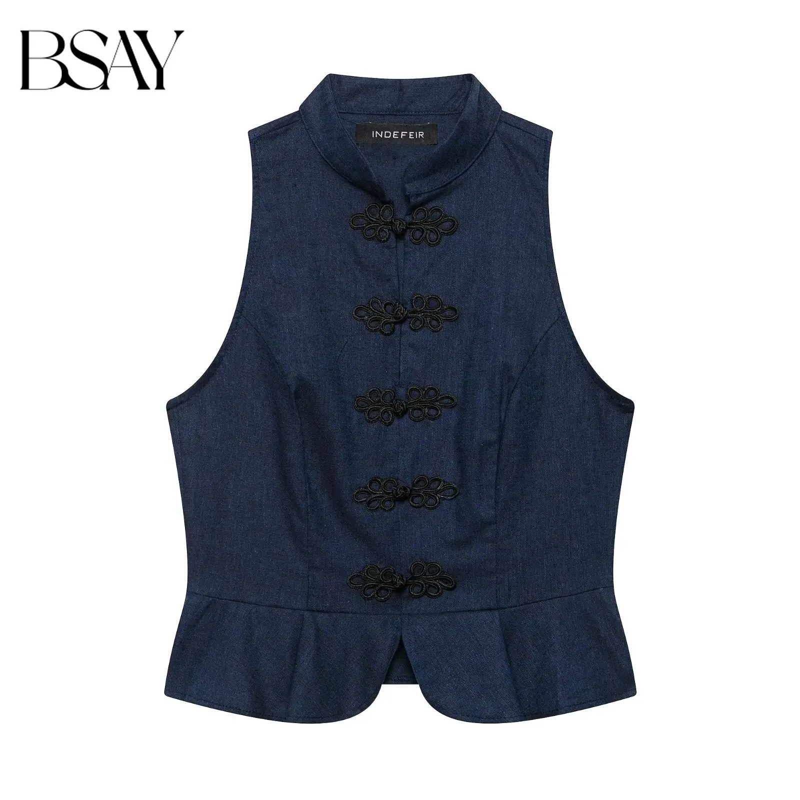 

BSAY Women's New Chinese Style Frog Button Vest Mandarin Collar Sleeveless Peplum Waistcoat Slim Fit Stand Collar Outerwear Top
